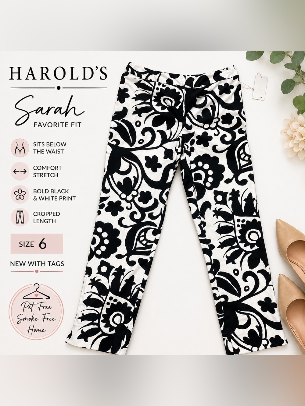 Harold’s Sarah Floral Crop Pants Size 6 NWT Black White Stretch Career Ankle
